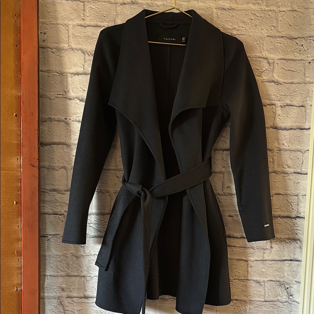 TAHARI Belted Wool Blend Belted Coat Jacket Navy Small